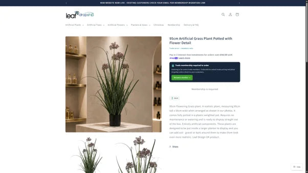 Product page for a 95cm artificial grass plant, trade membership required to order