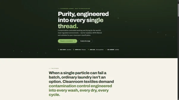 Cleanroom laundry page hero reading 'Purity, engineered into every single thread'