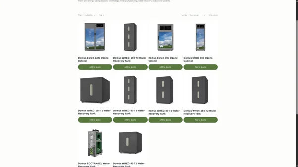 Ozone cabinets and water recovery tanks, each with an Add to Quote button