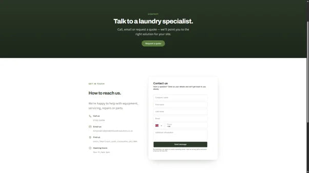 Contact page headed 'Talk to a laundry specialist' with an enquiry form
