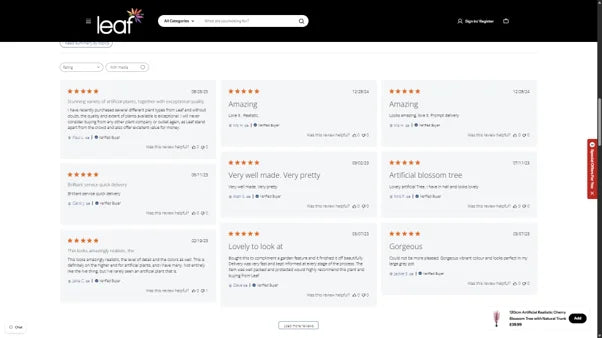 Customer reviews page showing five-star ratings from verified buyers