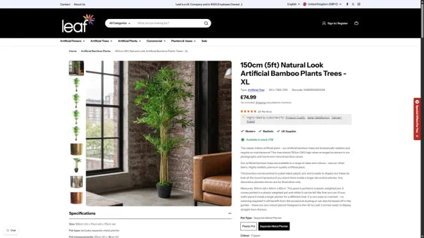 Product page for a 150cm artificial bamboo tree priced £74.99