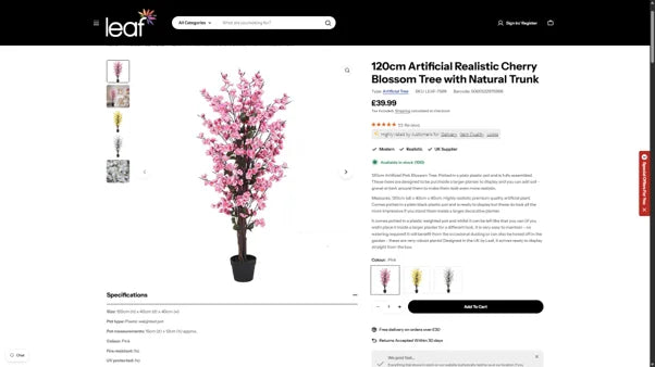 Product page for a 120cm artificial cherry blossom tree with colour options