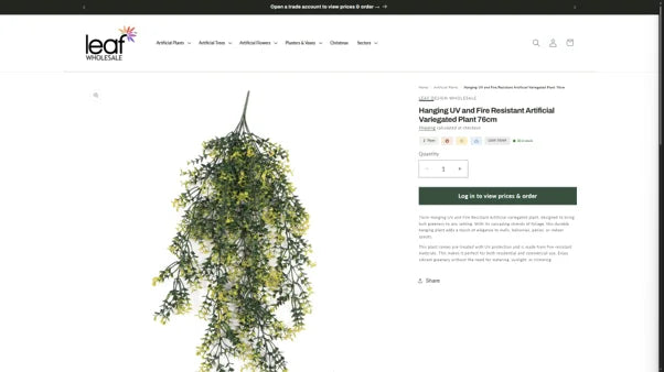 Product page for a 76cm hanging plant with log-in-to-view-prices button