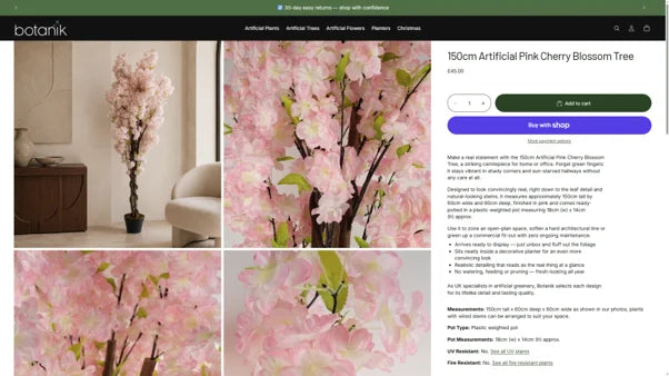 Botanik product page for a 150cm artificial pink cherry blossom tree