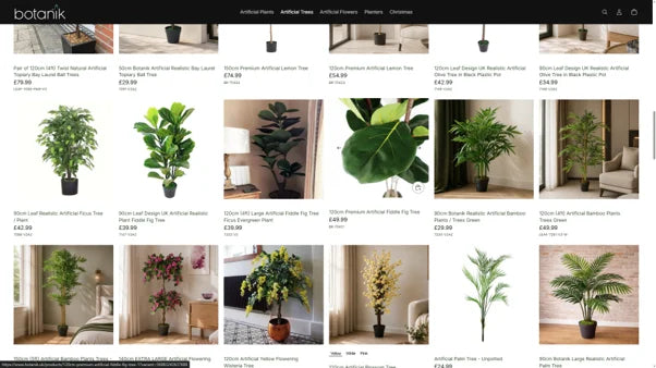 Botanik artificial trees collection grid showing product photos and prices