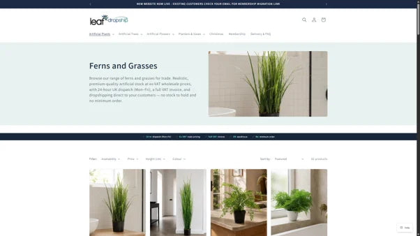 Ferns and Grasses collection page with trade introduction and filterable product grid
