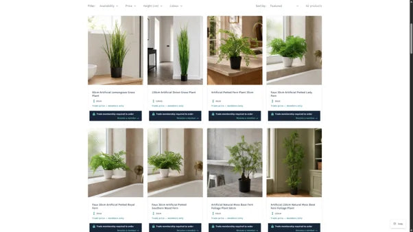 Grid of artificial plant listings, each marked trade membership required to order