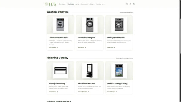 Machines page grouping washing, drying, finishing, self-service and water-saving categories