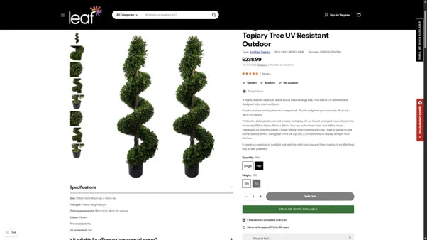 Sold-out spiral topiary tree product page with email-when-available button
