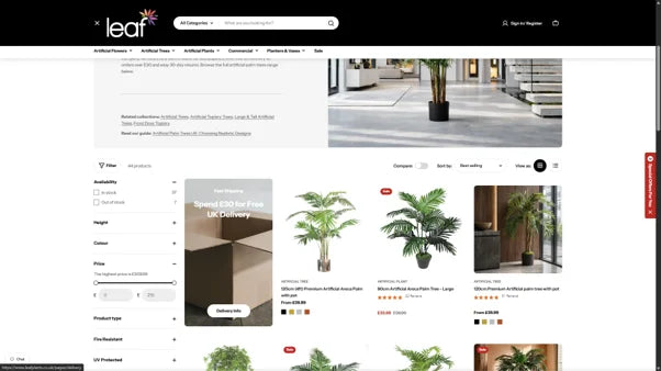 Palm tree collection page with filters for height, colour, price and stock