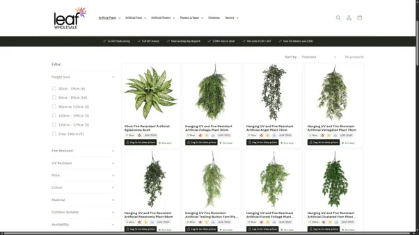Catalogue of artificial hanging plants with filters and log-in-to-view-prices buttons
