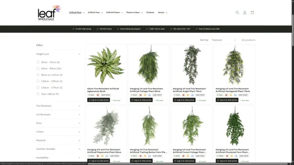 Product grid of fire-resistant artificial plants with height and material filter sidebar