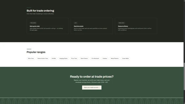 Homepage trade-ordering features, popular ranges and open-a-trade-account call to action